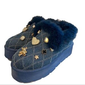 Yoki Blue Fur-Trimmed Platform Slippers with Charms
